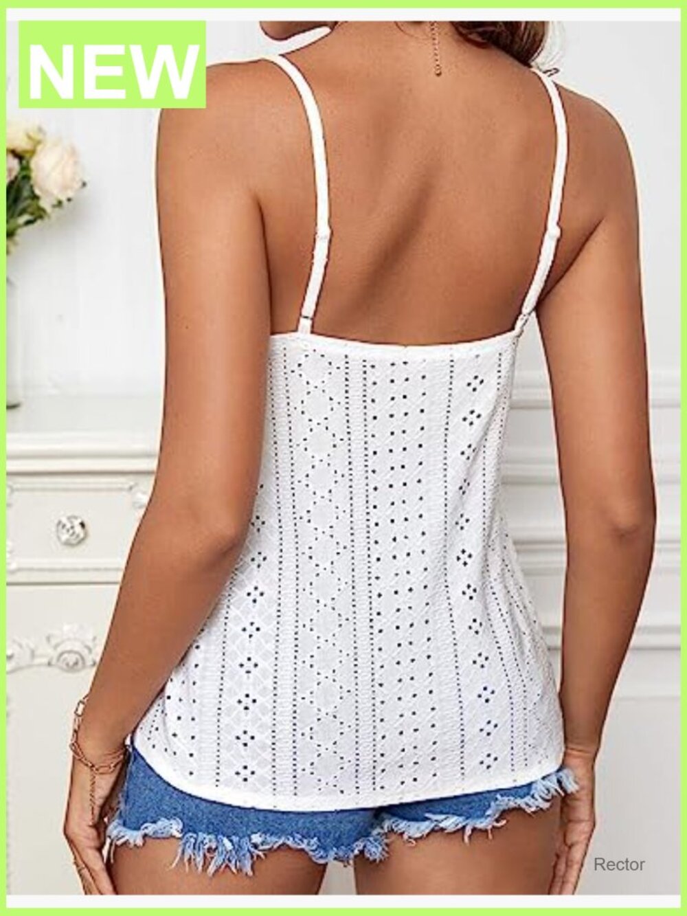 V Neck Spaghetti Strap Tank Top Sleeveless Blouse Loose Fit Eyelet Embroidered - Picture 5 of 7